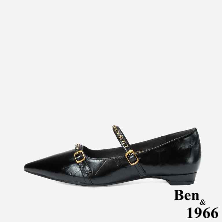 Ben&1966 高級牛油皮韓系時尚鍊條低跟尖頭包鞋-黑(248241)