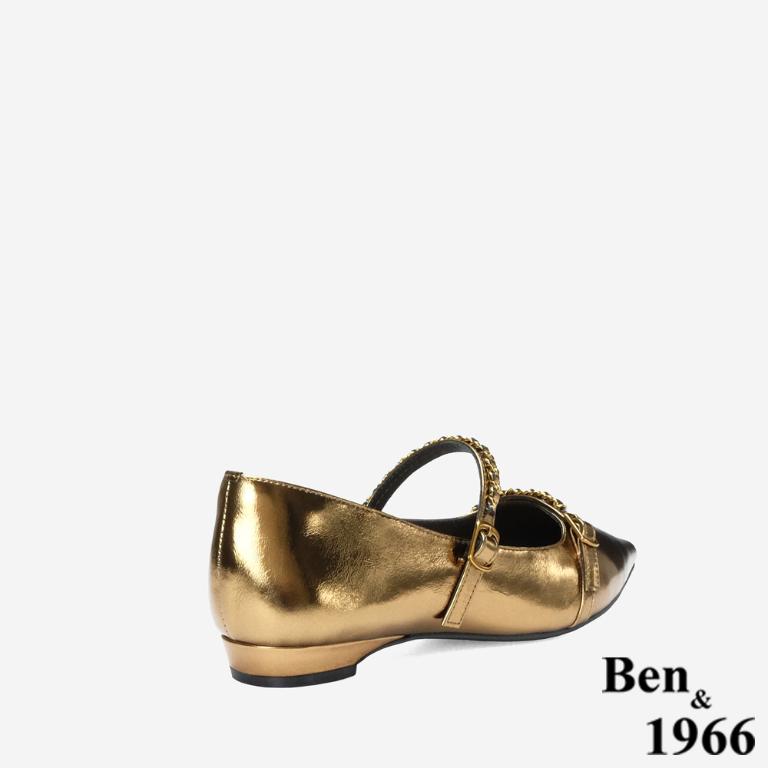 Ben&1966 高級牛油皮韓系時尚鍊條低跟尖頭包鞋-金(248242)