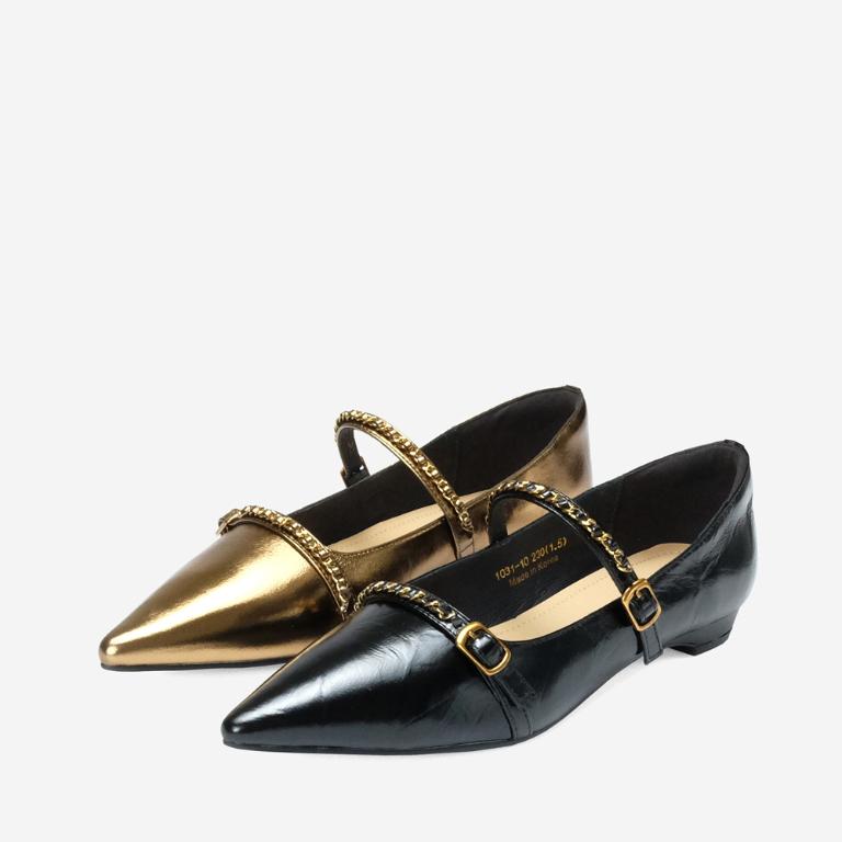 Ben&1966 高級牛油皮韓系時尚鍊條低跟尖頭包鞋-金(248242)