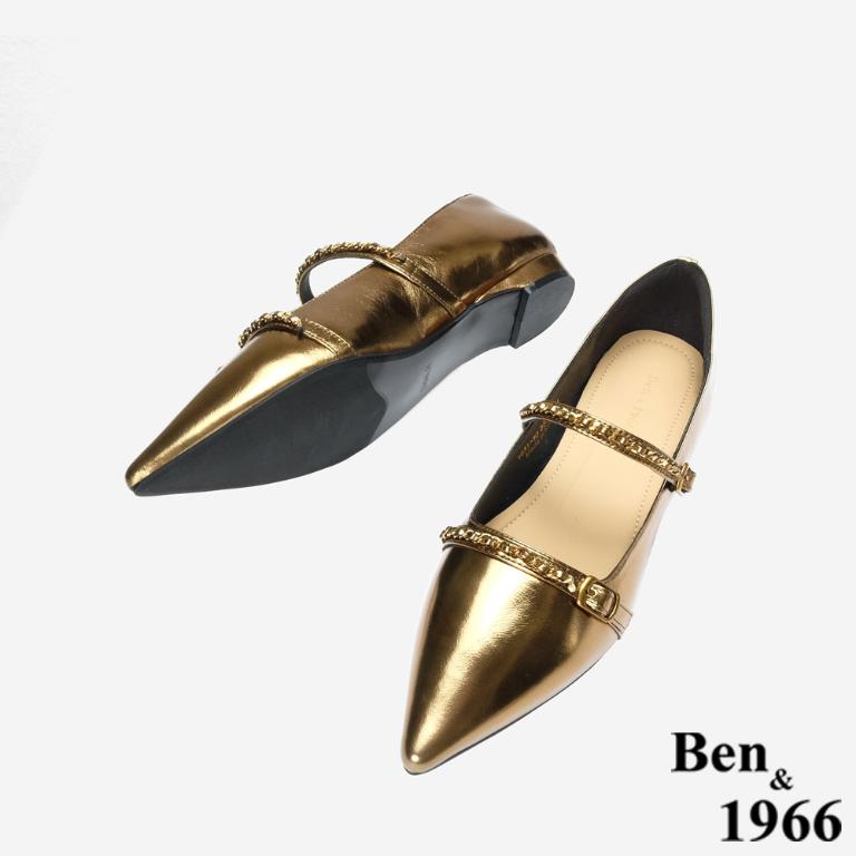 Ben&1966 高級牛油皮韓系時尚鍊條低跟尖頭包鞋-金(248242)