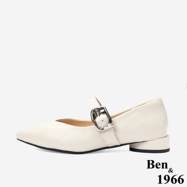 Ben&1966 高級頭層牛皮低跟尖頭瑪莉珍鞋-米白(248102)