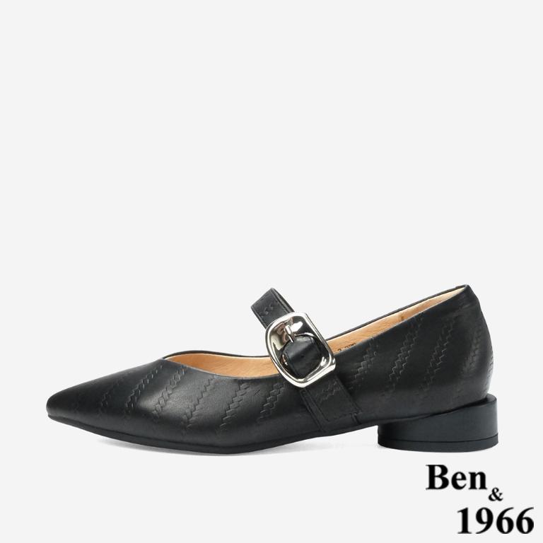 Ben&1966 高級頭層牛皮低跟尖頭瑪莉珍鞋-黑(248101)