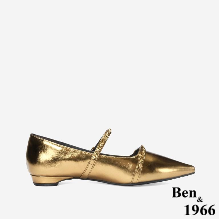 Ben&1966 高級牛油皮韓系時尚鍊條低跟尖頭包鞋-金(248242)