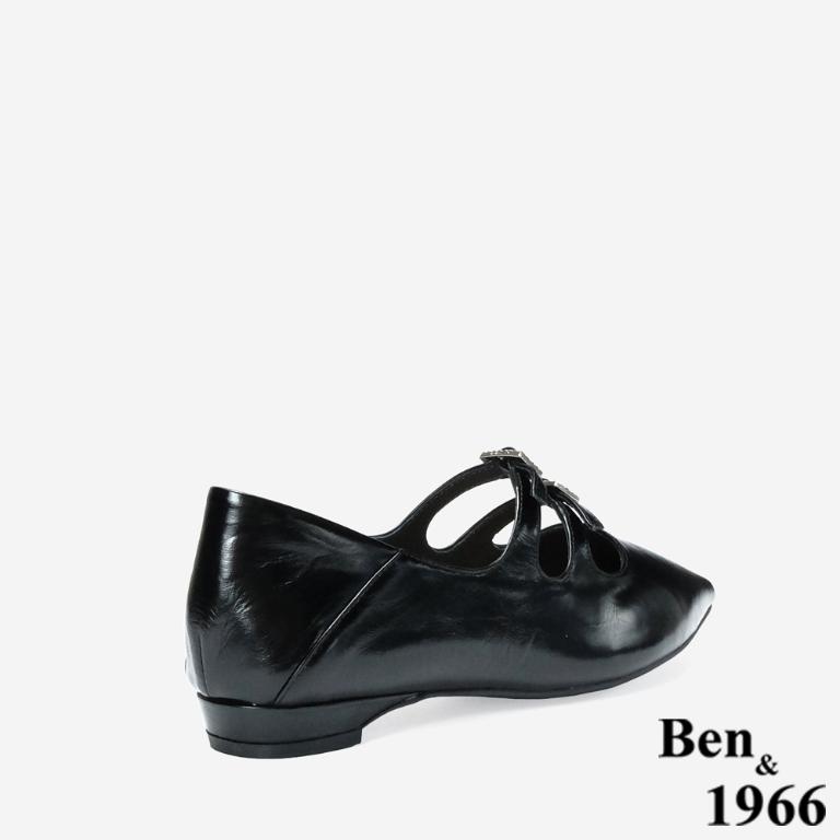 Ben&1966 高級牛油皮韓系時尚鑽釦低跟尖頭包鞋-黑(248231)