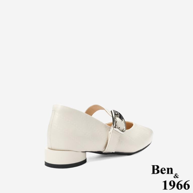 Ben&1966 高級頭層牛皮低跟尖頭瑪莉珍鞋-米白(248102)