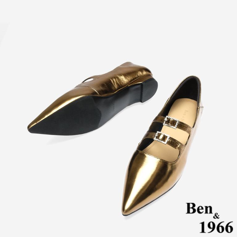 Ben&1966 高級牛油皮韓系時尚鑽釦低跟尖頭包鞋-金(248232)