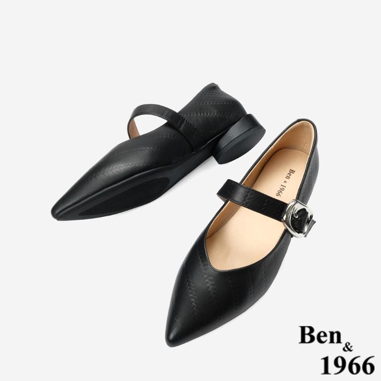 Ben&1966 高級頭層牛皮低跟尖頭瑪莉珍鞋-黑(248101)