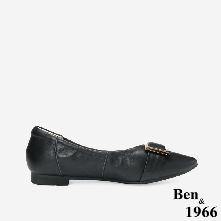 Ben&1966 高級頭層牛皮氣質小眾方釦包鞋-黑(248301)