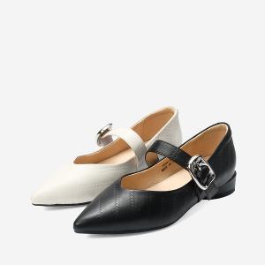 Ben&1966 高級頭層牛皮低跟尖頭瑪莉珍鞋-米白(248102)