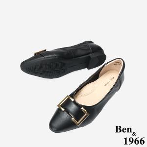 Ben&1966 高級頭層牛皮氣質小眾方釦包鞋-黑(248301)