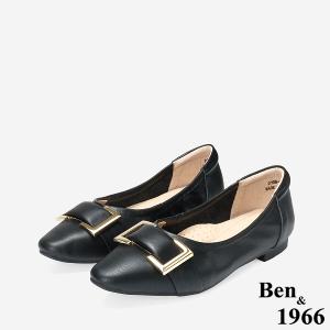 Ben&1966 高級頭層牛皮氣質小眾方釦包鞋-黑(248301)