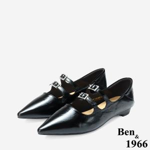 Ben&1966 高級牛油皮韓系時尚鑽釦低跟尖頭包鞋-黑(248231)