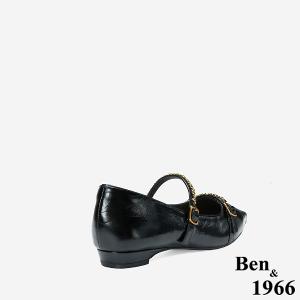 Ben&1966 高級牛油皮韓系時尚鍊條低跟尖頭包鞋-黑(248241)