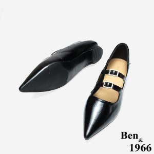 Ben&1966 高級牛油皮韓系時尚鑽釦低跟尖頭包鞋-黑(248231)