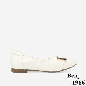 Ben&1966 高級頭層牛皮氣質小眾方釦包鞋-米白(248302)