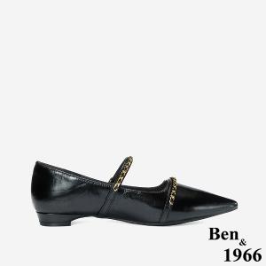 Ben&1966 高級牛油皮韓系時尚鍊條低跟尖頭包鞋-黑(248241)
