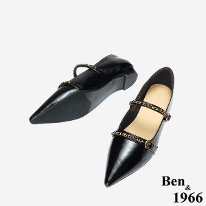 Ben&1966 高級牛油皮韓系時尚鍊條低跟尖頭包鞋-黑(248241)