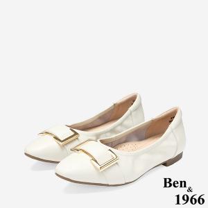 Ben&1966 高級頭層牛皮氣質小眾方釦包鞋-米白(248302)
