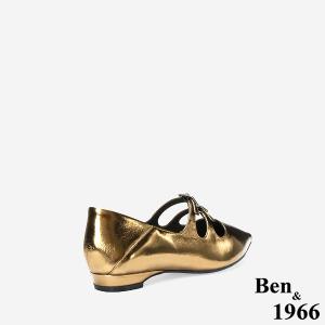 Ben&1966 高級牛油皮韓系時尚鑽釦低跟尖頭包鞋-金(248232)