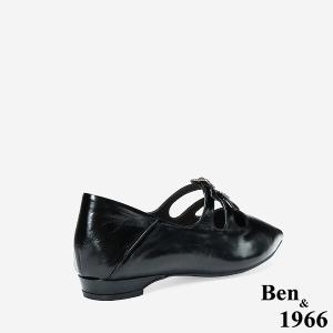 Ben&1966 高級牛油皮韓系時尚鑽釦低跟尖頭包鞋-黑(248231)