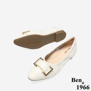 Ben&1966 高級頭層牛皮氣質小眾方釦包鞋-米白(248302)