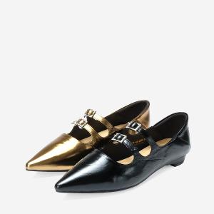 Ben&1966 高級牛油皮韓系時尚鑽釦低跟尖頭包鞋-黑(248231)