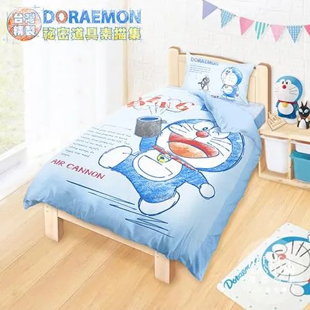 單人床包雙人兩用被套三件組-哆啦A夢DORAEMON 祕密道具素描集-藍