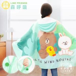 法蘭絨披肩帽毯100x140cm-LINE FRIENDS 森呼吸-藍綠
