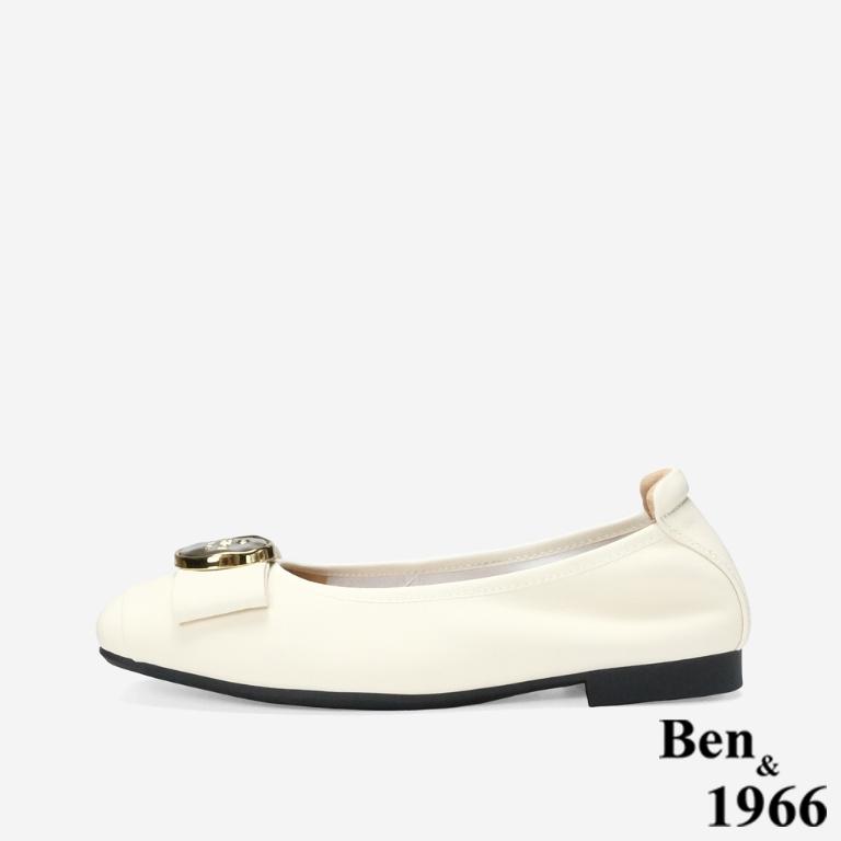 Ben&1966 高級絲綢羊皮質感圓釦舒適方頭包鞋-米白(248272)