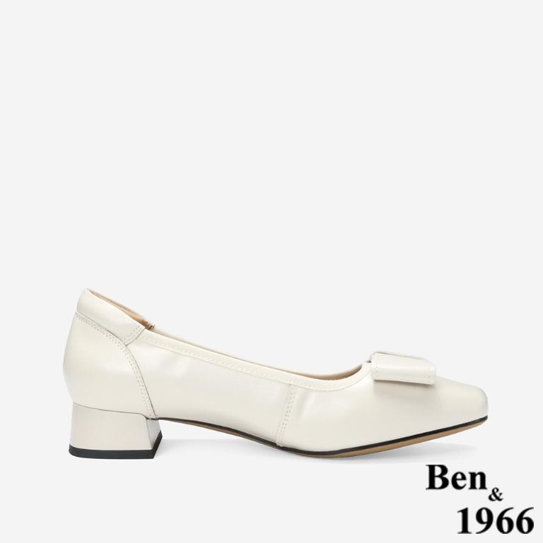 Ben&1966 高級牛皮氣質百搭粗跟鞋-米白(248262)