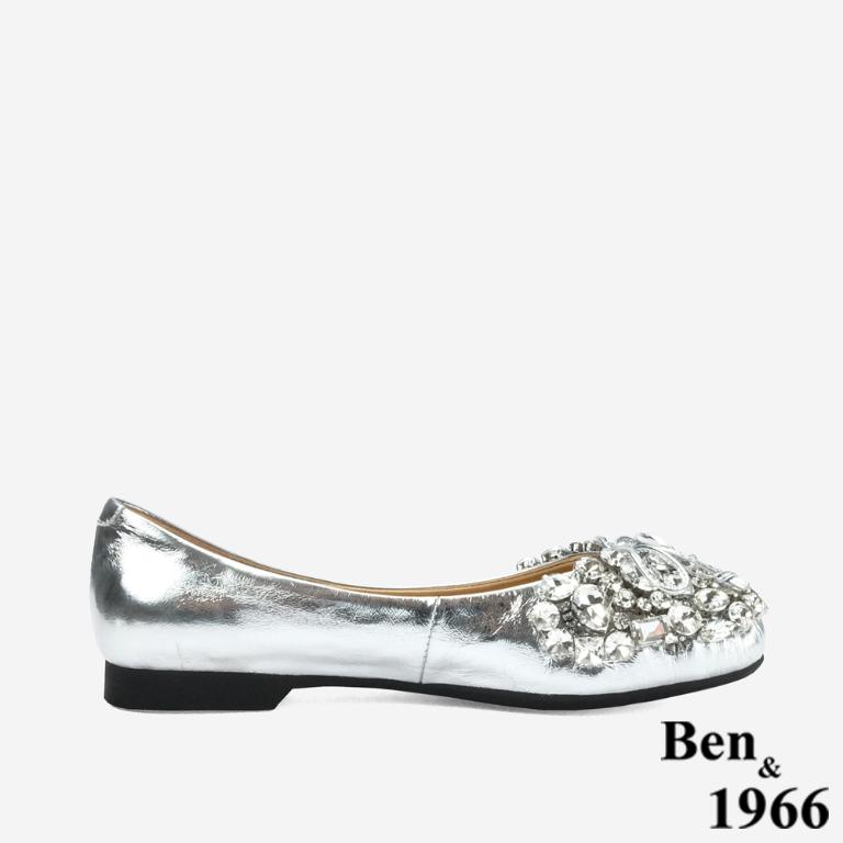 Ben&1966 高級牛油皮亮鑽時尚大頭平底包鞋-銀(248222)