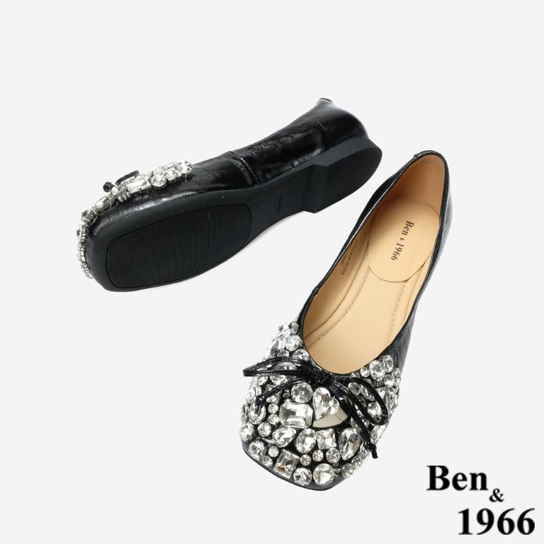 Ben&1966 高級牛油皮亮鑽時尚大頭平底包鞋-黑(248221)