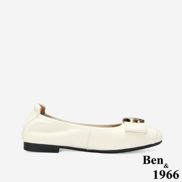 Ben&1966 高級絲綢羊皮質感圓釦舒適方頭包鞋-米白(248272)