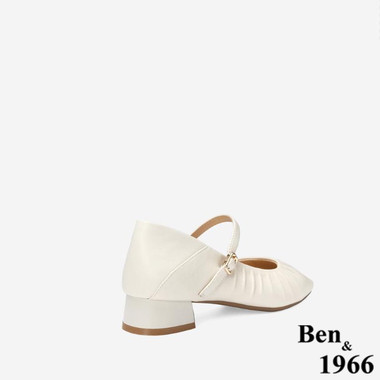 Ben&1966 高級羊皮柔軟抓皺瑪莉珍跟鞋-米白(248162)