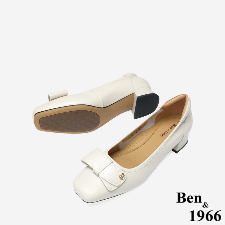 Ben&1966 高級牛皮氣質百搭粗跟鞋-米白(248262)