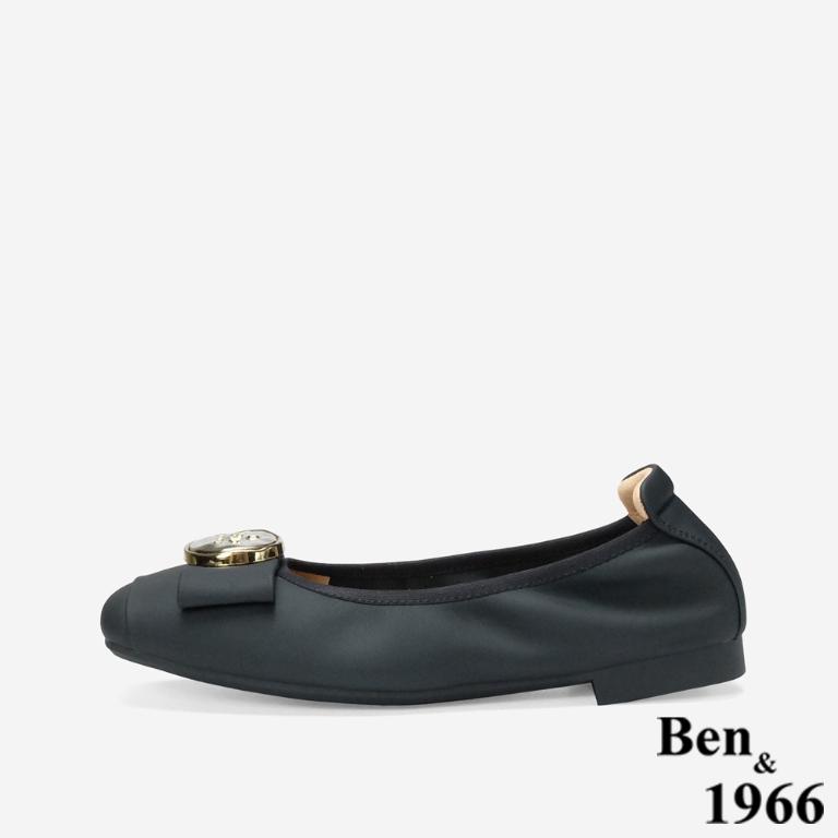Ben&1966 高級絲綢羊皮質感圓釦舒適方頭包鞋-黑(248271)