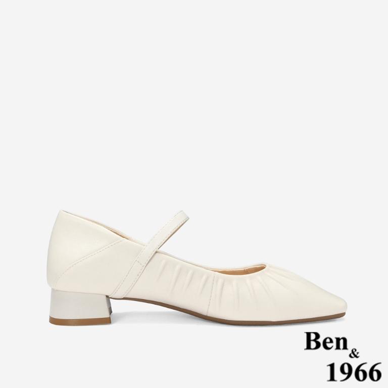 Ben&1966 高級羊皮柔軟抓皺瑪莉珍跟鞋-米白(248162)