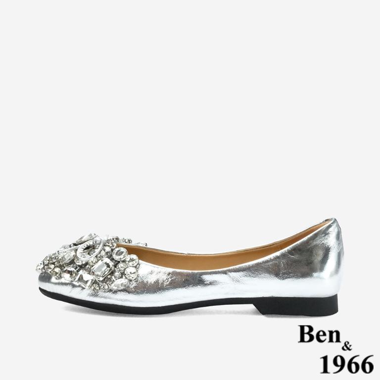 Ben&1966 高級牛油皮亮鑽時尚大頭平底包鞋-銀(248222)