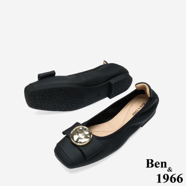 Ben&1966 高級絲綢羊皮質感圓釦舒適方頭包鞋-黑(248271)