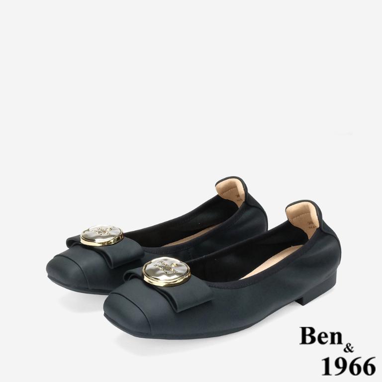Ben&1966 高級絲綢羊皮質感圓釦舒適方頭包鞋-黑(248271)