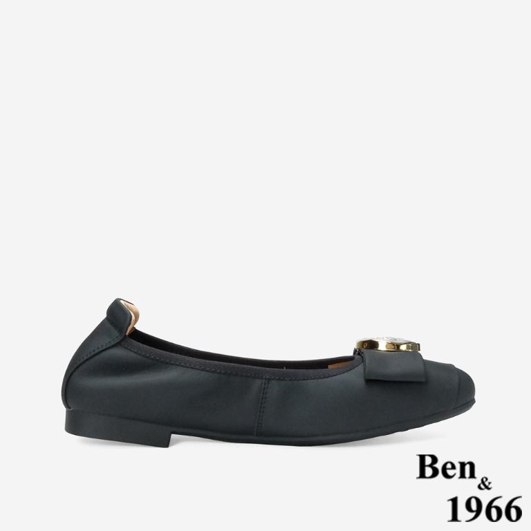 Ben&1966 高級絲綢羊皮質感圓釦舒適方頭包鞋-黑(248271)