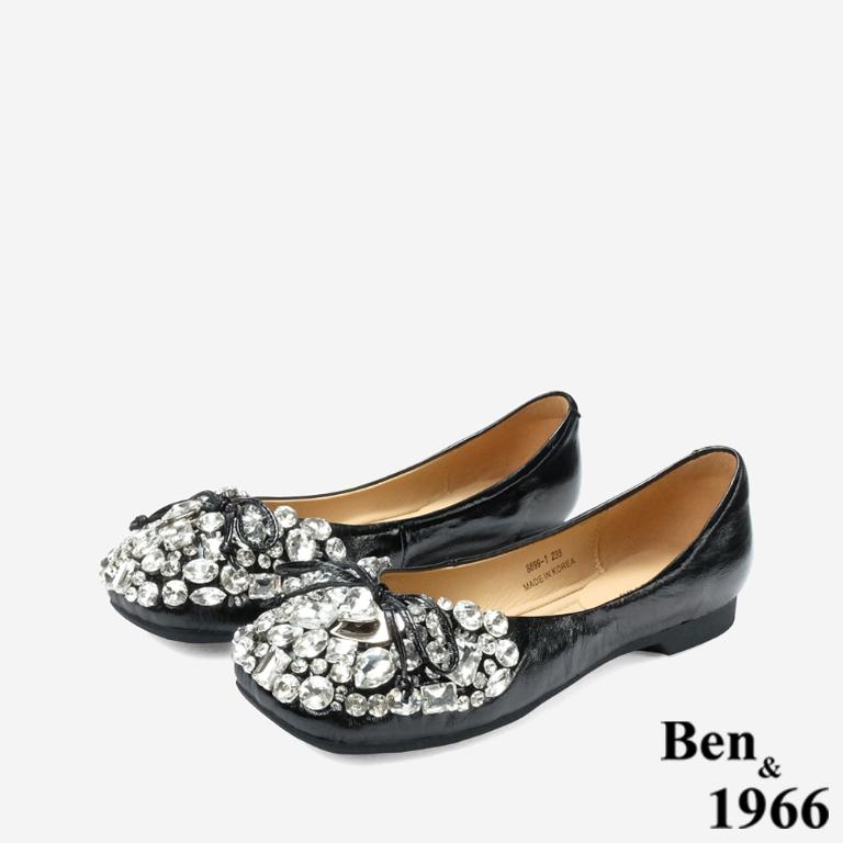 Ben&1966 高級牛油皮亮鑽時尚大頭平底包鞋-黑(248221)
