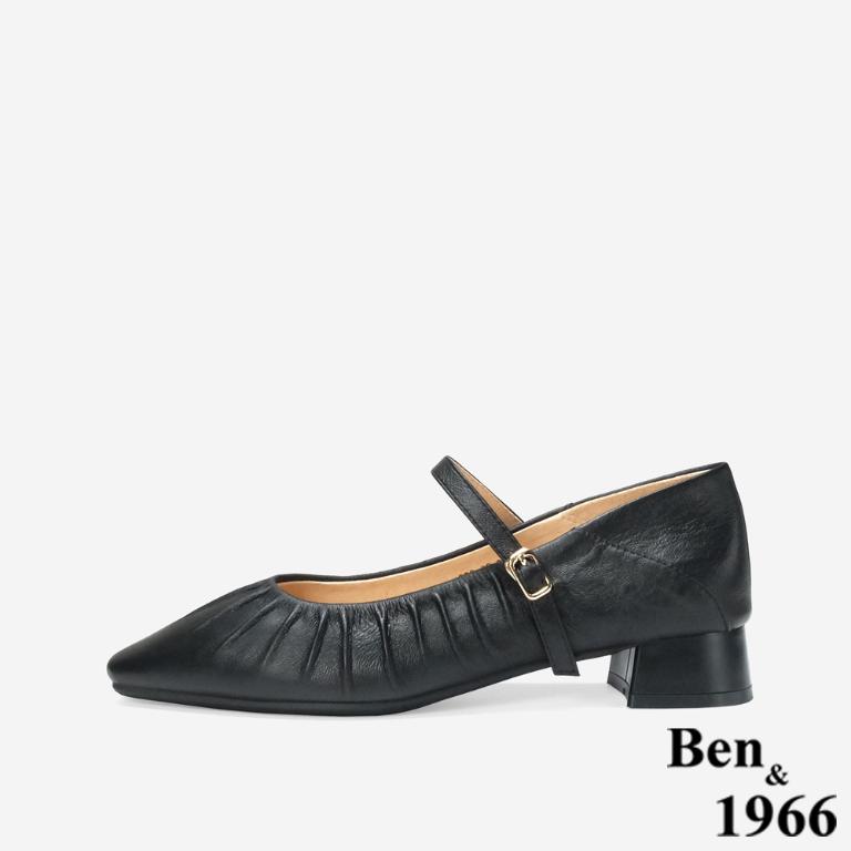 Ben&1966 高級羊皮柔軟抓皺瑪莉珍跟鞋-黑(248161)
