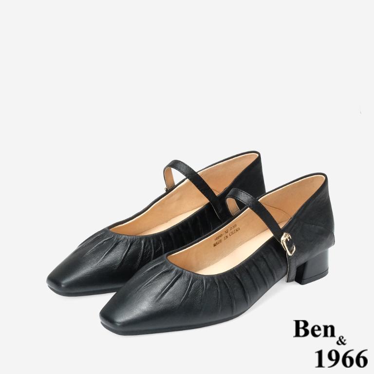 Ben&1966 高級羊皮柔軟抓皺瑪莉珍跟鞋-黑(248161)