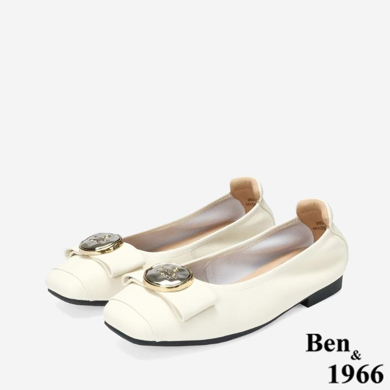Ben&1966 高級絲綢羊皮質感圓釦舒適方頭包鞋-米白(248272)