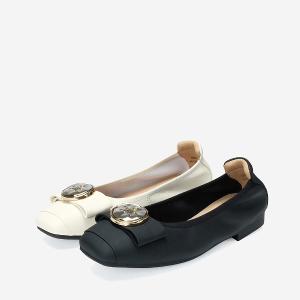 Ben&1966 高級絲綢羊皮質感圓釦舒適方頭包鞋-黑(248271)