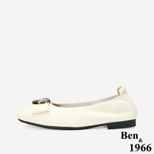 Ben&1966 高級絲綢羊皮質感圓釦舒適方頭包鞋-米白(248272)