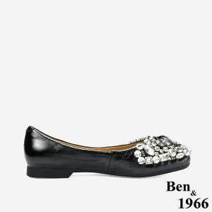 Ben&1966 高級牛油皮亮鑽時尚大頭平底包鞋-黑(248221)