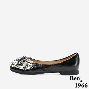Ben&1966 高級牛油皮亮鑽時尚大頭平底包鞋-黑(248221)