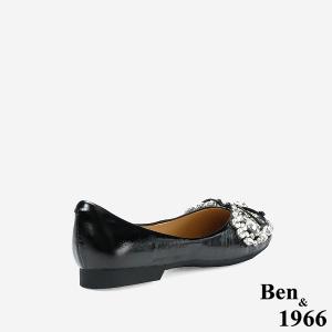 Ben&1966 高級牛油皮亮鑽時尚大頭平底包鞋-黑(248221)
